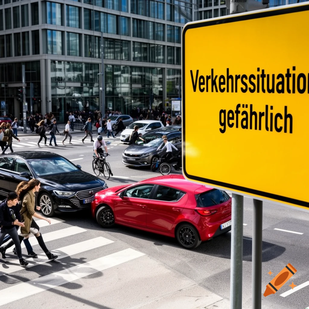 A photorealistic image of a busy city street with cars and pedestrians, featuring a large yellow sign reading 'Verkehrssituation gefährlich'.