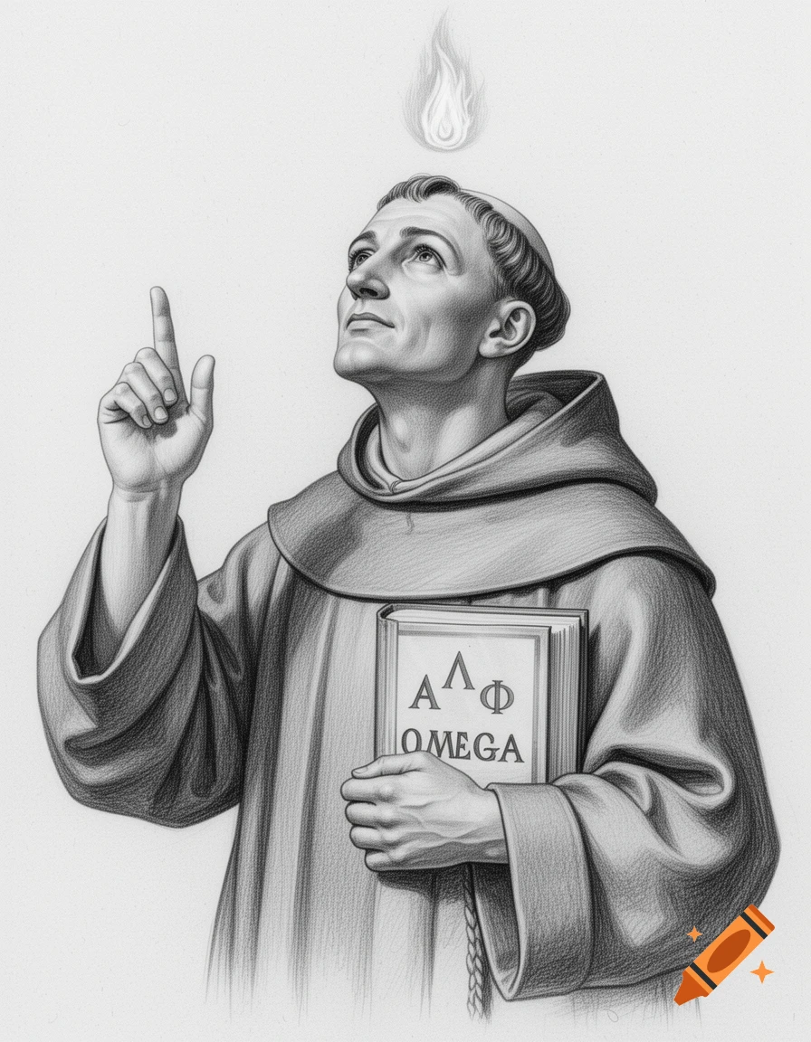 Detailed pencil sketch of Saint Anthony of Padua, pointing up and holding a book with 'Alpha Omega' on it, with a flame above his head.