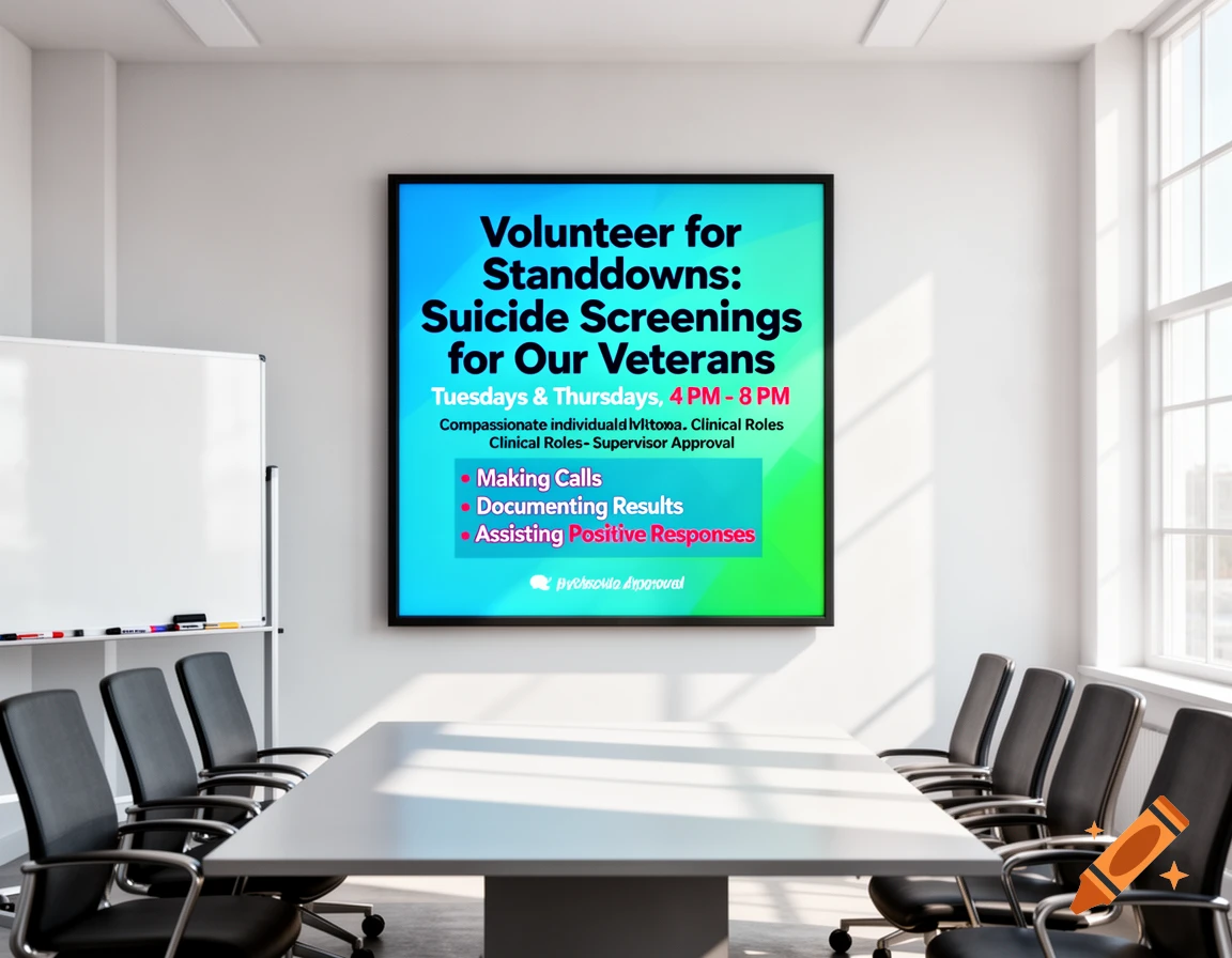 A brightly lit conference room with a large poster on the wall advertising volunteer opportunities for suicide screenings for veterans.