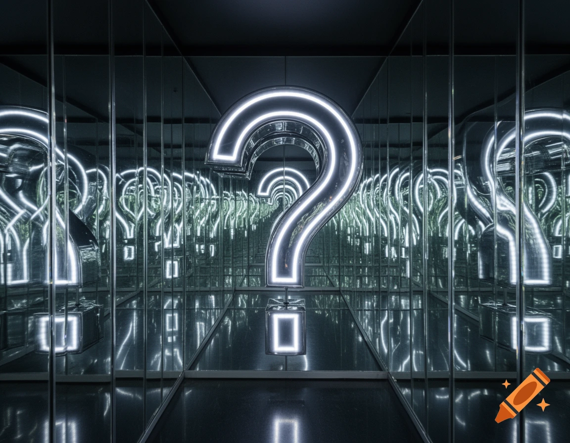 A glowing silver question mark stands in a dark, mirrored room, creating an infinite reflection effect.