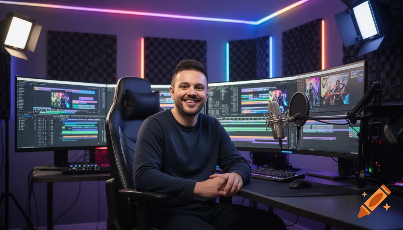 A smiling man sits in a content creation studio with multiple monitors displaying editing software, a microphone, and neon lighting.