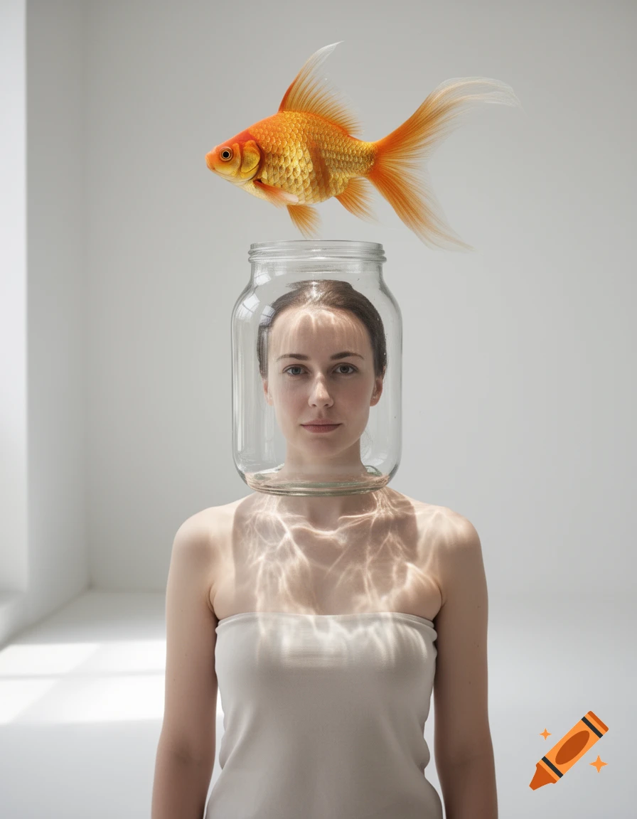 A woman with a glass jar over her head looks forward, with a vibrant goldfish floating above the jar, in a bright, minimalist room.
