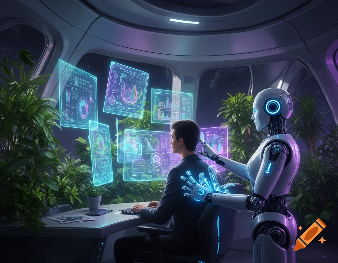 A man works at a desk in a futuristic spaceship office with floating holographic screens and plants, as a robot assists him. Digital art.