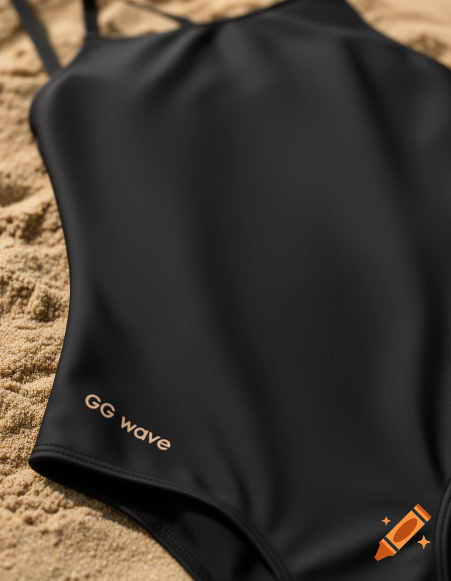 A close-up of a black one-piece swimsuit with 'GG wave' text, lying on light brown sand.