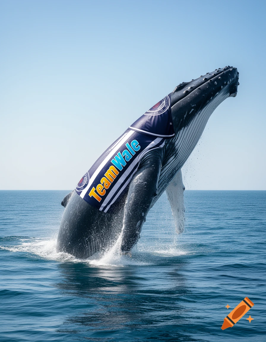 A humpback whale breaches from blue ocean water, wearing a dark blue banner with "TeamWale" text.