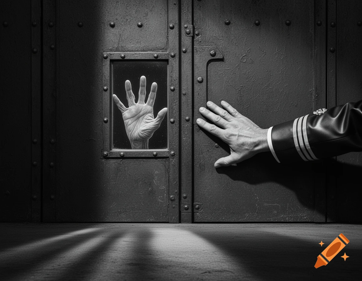 Dramatic black and white photograph of an aged hand pressed against a door's window from inside, while a uniformed hand pushes the door shut from outside.