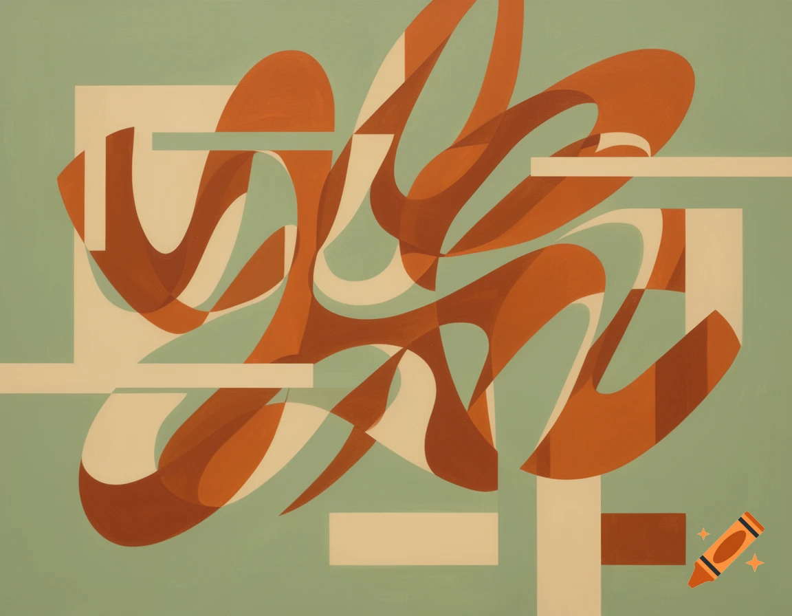 Modern abstract art featuring fluid burnt orange and beige shapes overlapping on a sage green background.