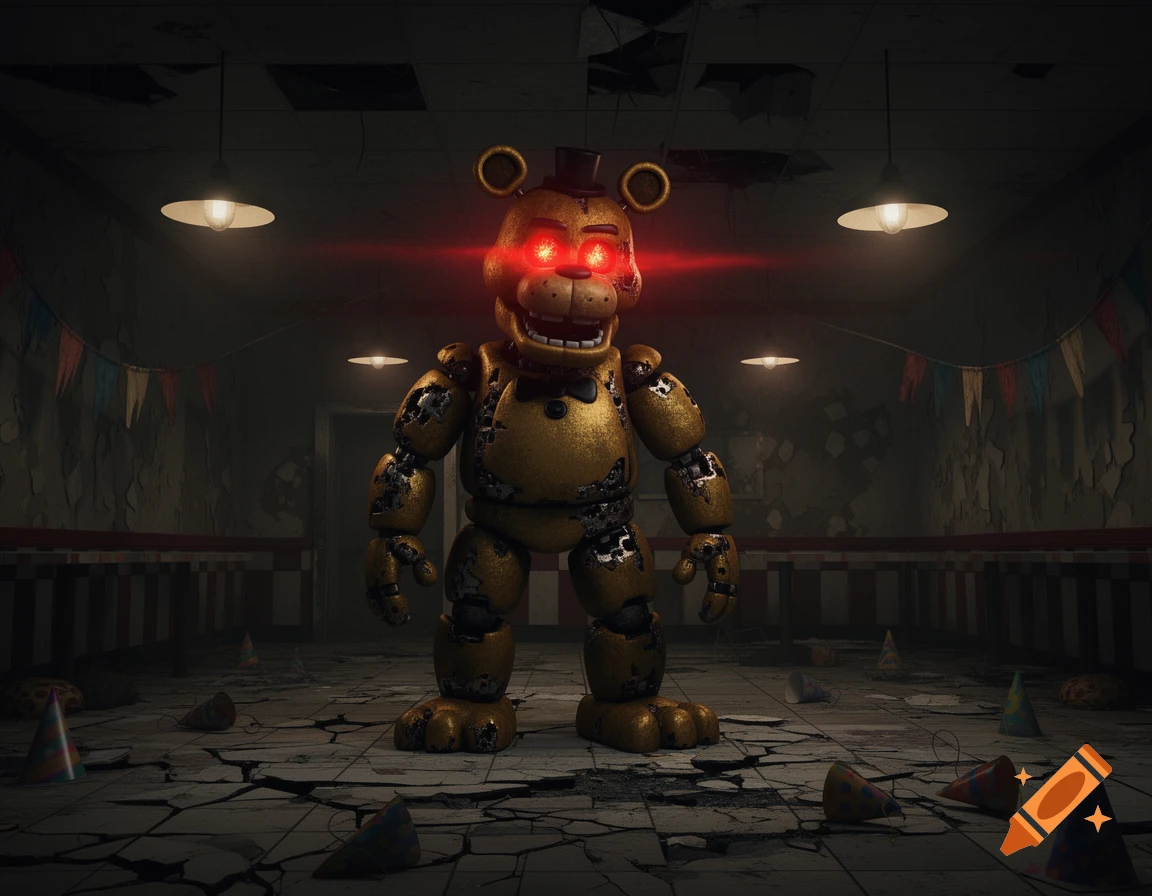 A menacing, golden animatronic bear with glowing red eyes stands in a dark, dilapidated room with scattered party decorations.