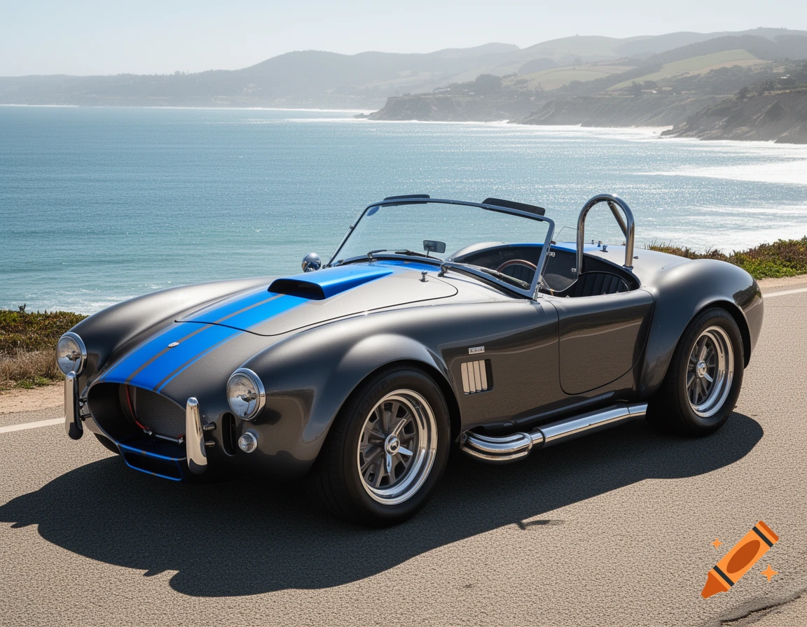 A dark gray Shelby Cobra with blue racing stripes is parked on a coastal road overlooking the ocean and mountains.