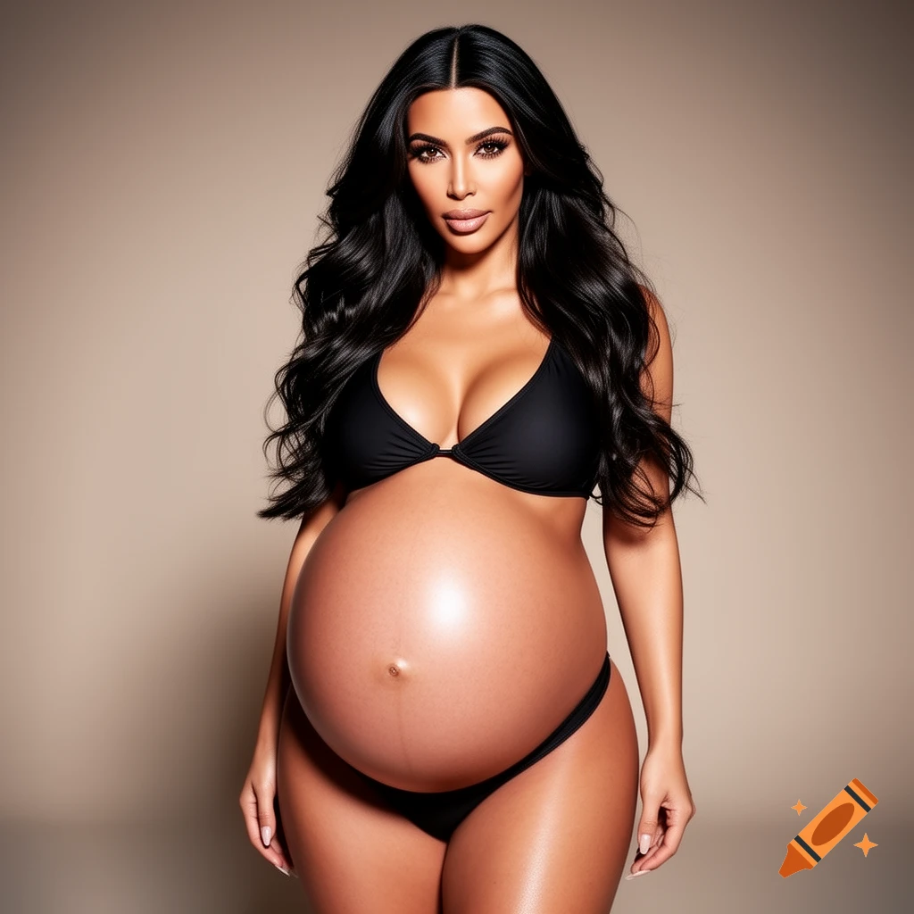 Photorealistic portrait of Kim Kardashian, heavily pregnant, wearing a black bikini and looking at the camera.