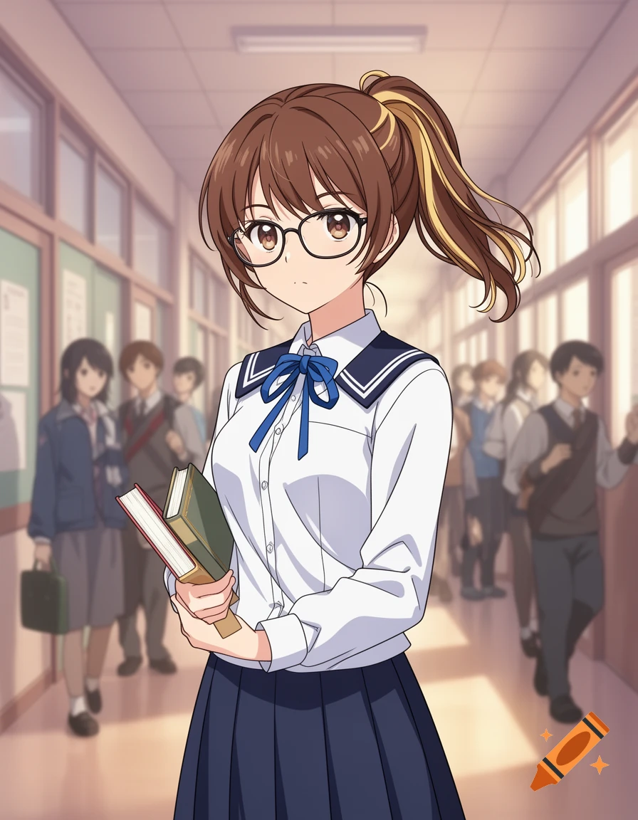 An anime girl with brown hair, glasses, and a school uniform stands in a hallway holding books, with blurred students in the background.