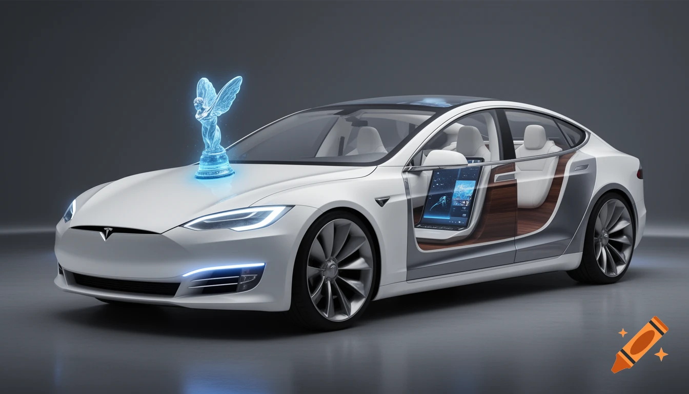 Photorealistic white luxury concept car blending Tesla and Rolls-Royce, with a glowing hologram ornament and a cutaway interior showing a screen and wood.