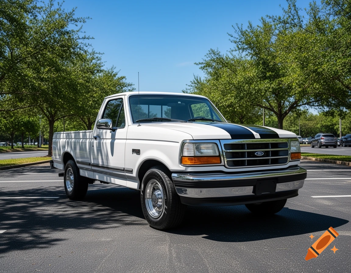 White Ford F-150 pickup truck with black racing stripes parked in a sunny lot with green trees under a clear blue sky.
