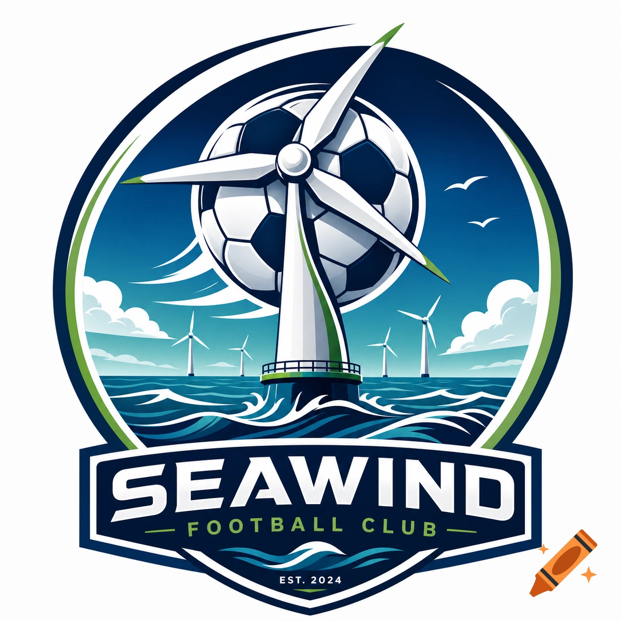 SEAWIND FOOTBALL CLUB logo: a soccer ball and wind turbine on ocean waves, with distant turbines and blue sky.