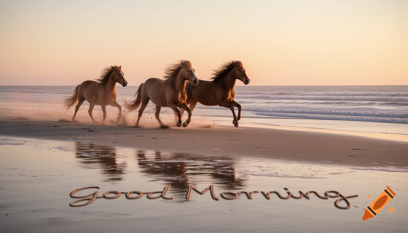 Three photorealistic horses run on a wet beach at sunrise, with 'Good Morning' written in the sand.