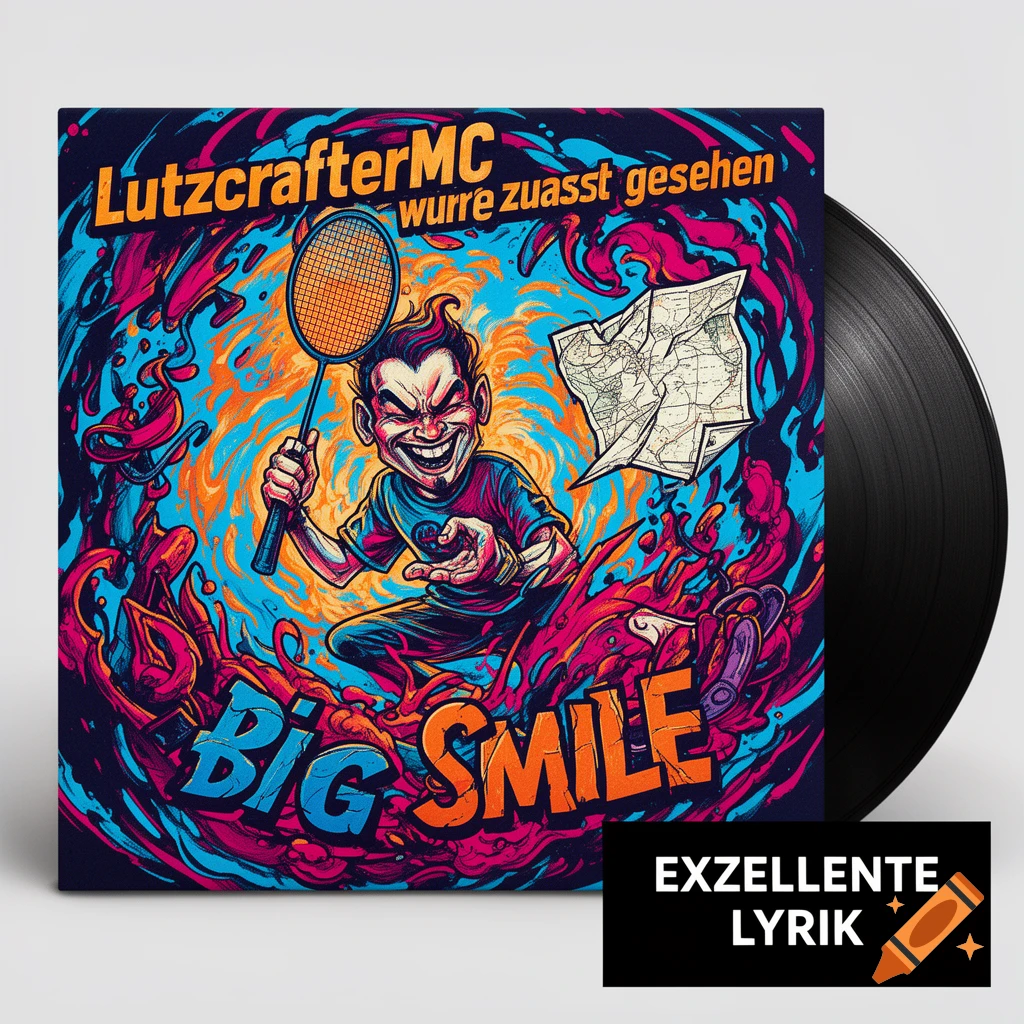 An album cover features a cartoonish character with a wide, mischievous grin, holding a badminton racket and a crumpled map, against a vibrant, swirling background of blue, orange, and pink. Text reads "LutzcrafterMC wurre zuasst gesehen" and "BIG SMILE". A black vinyl record is partially visible on the right. A black box in the bottom right corner has "EXZELLENTE LYRIK" in white.