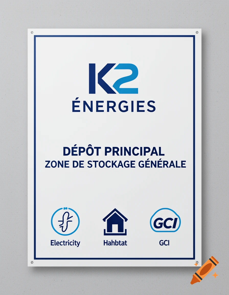 A white and blue professional sign for K2 Énergies, with text for 'Dépôt Principal', 'Zone de Stockage Générale', and icons for Electricity, Hahbtat, and GCI.