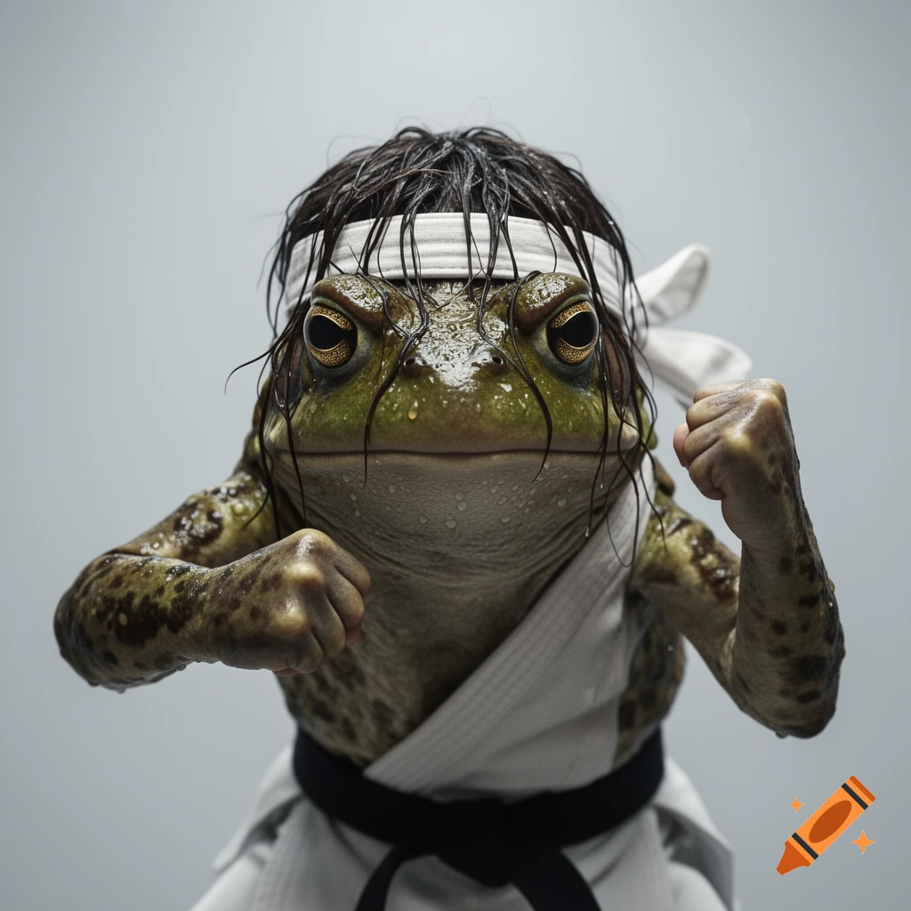 Photorealistic image of an angry toad dressed as a karate kid, with long wet hair and a white headband, clenching its fists.