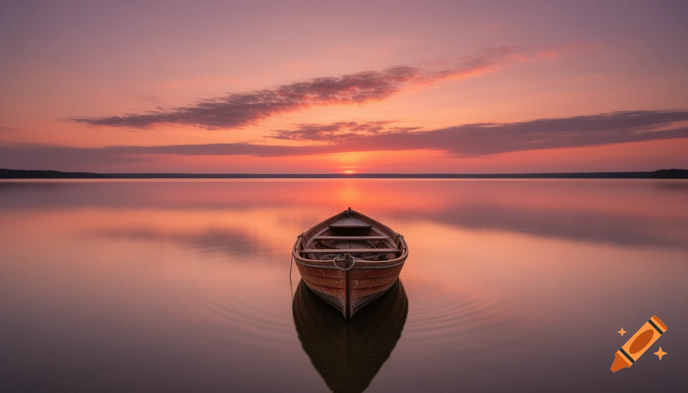 A wooden rowboat floats peacefully on calm water under a vibrant sunset sky, reflecting on the still surface.