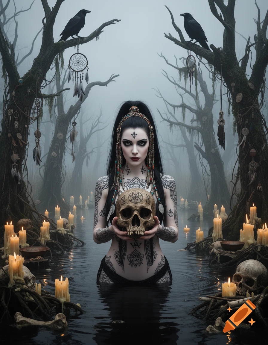 A dark fantasy image of a mysterious swamp witch with tattoos holding a skull, standing in misty water with candles and ravens.