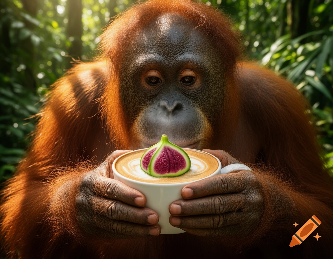 Photorealistic close-up of an orangutan holding a white cup with a fig-shaped latte in a lush jungle.