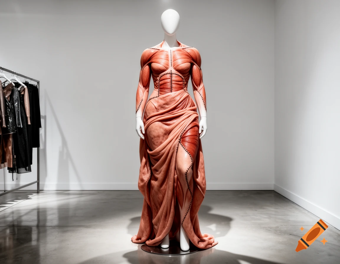 A mannequin in a dress resembling human muscles and skin with stitches, displayed in a modern gallery.