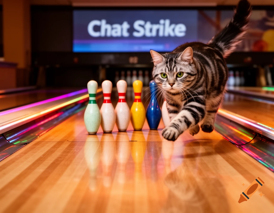 Photorealistic tabby cat jumps over bowling pins on a glowing alley, with 'Chat Strike' on a background screen.