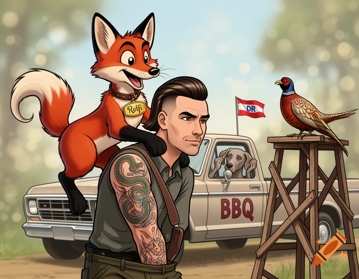 A cartoon fox named Rolfi stands on a hunter's shoulders, a dog peeks from a pickup truck with "BBQ" on the side, and a pheasant perches on a wooden stand. A flag with "DR" flies from the truck.