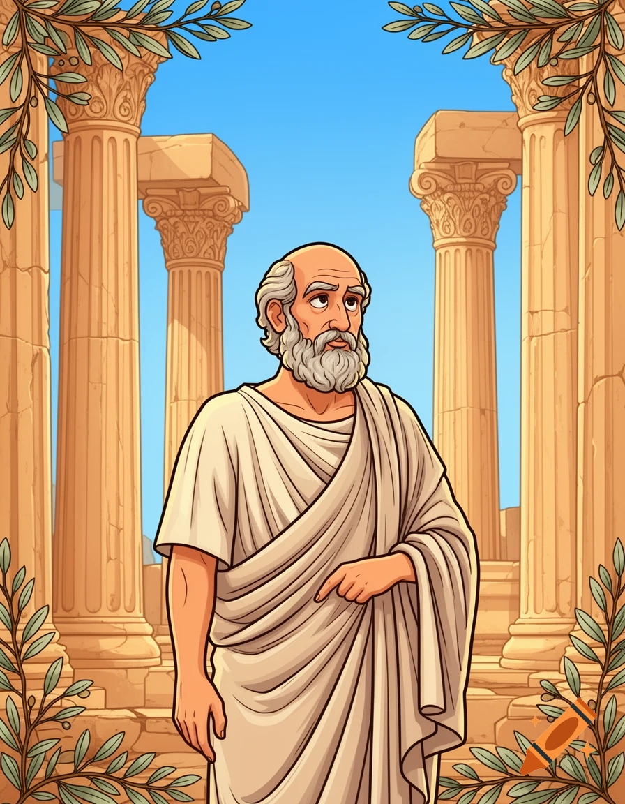 Cartoon illustration of an old Greek philosopher in a toga, standing among ancient columns with olive branches.