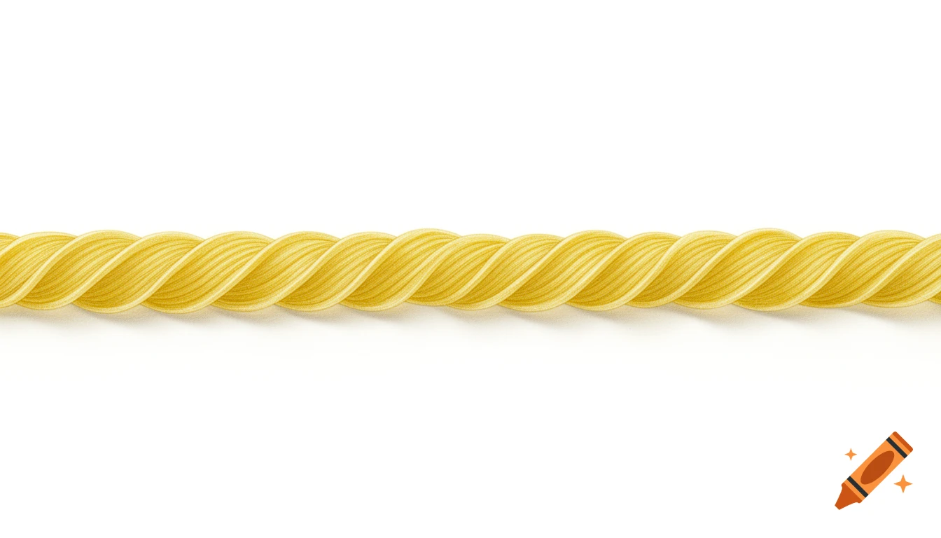 A single, horizontal strand of fusilli pasta, golden yellow with ridged twists, against a pure white background.