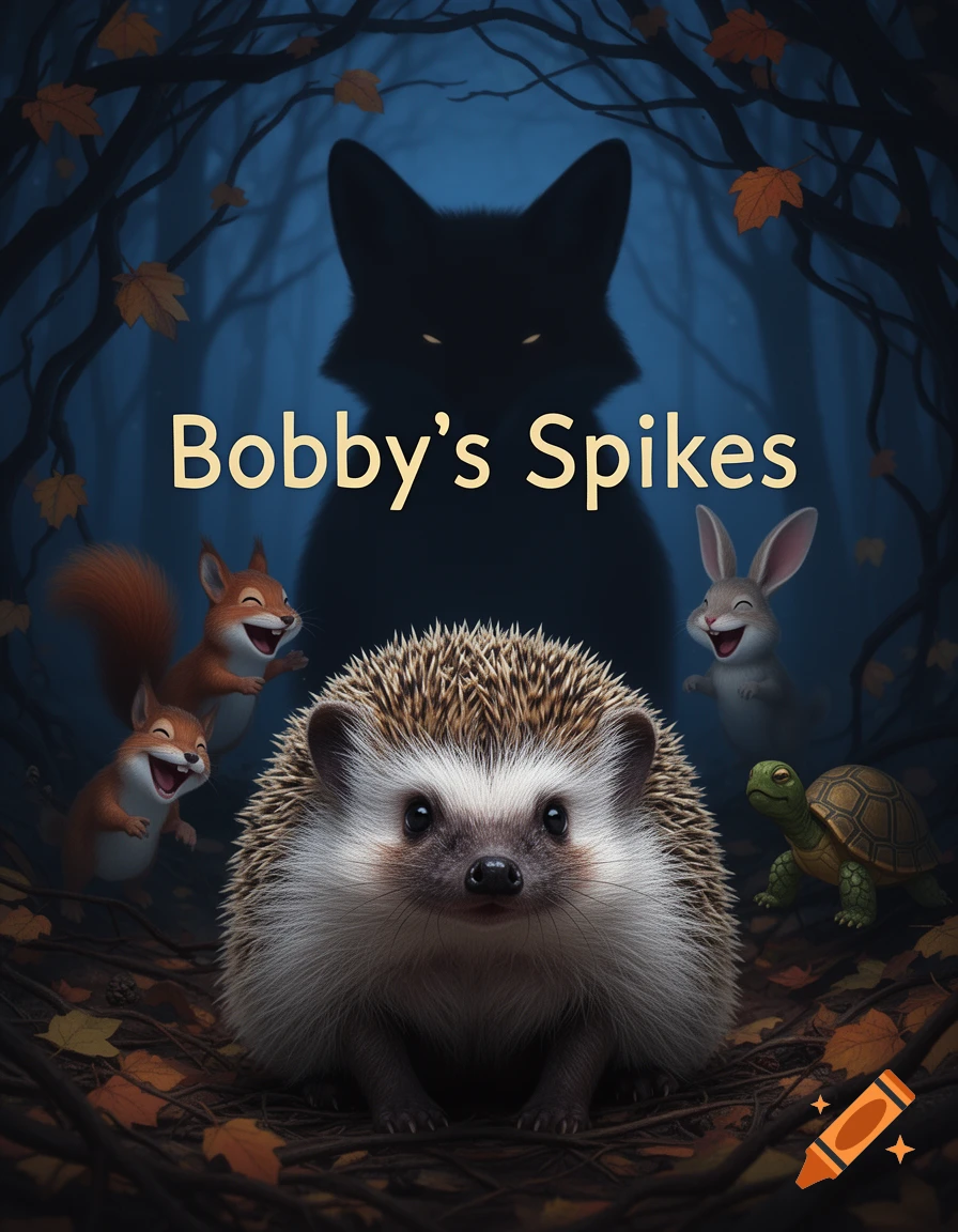 A book cover features a hedgehog with friendly squirrels, a rabbit, and a turtle, under a scary fox silhouette and autumn trees. The title "Bobby's Spikes" is centered.