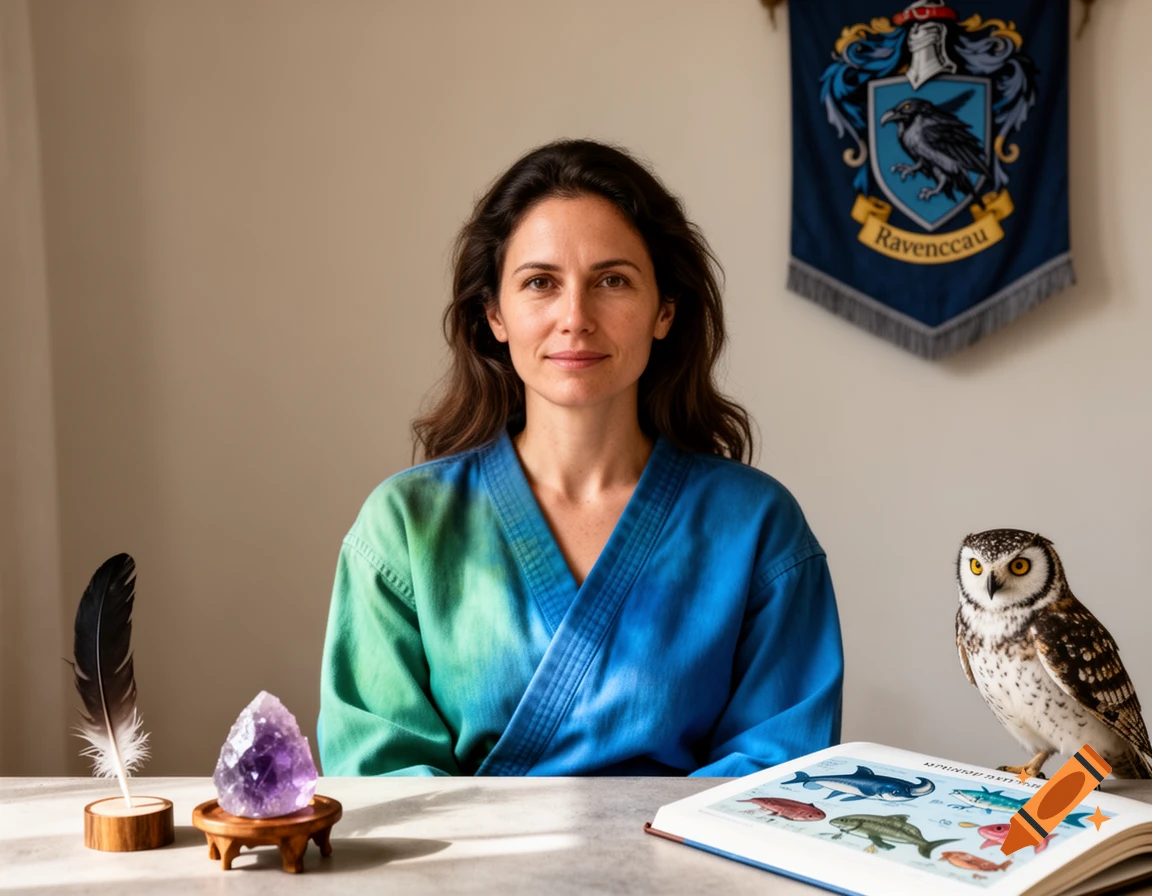 A woman in a blue-green robe sits at a desk with an owl, amethyst crystal, quill, and open book. A Ravenclaw banner hangs behind her.