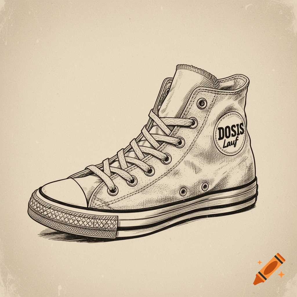 Vintage-style ink drawing of a beige high-top Converse Chucks sneaker with 'DOSIS Lauf' on the ankle label.