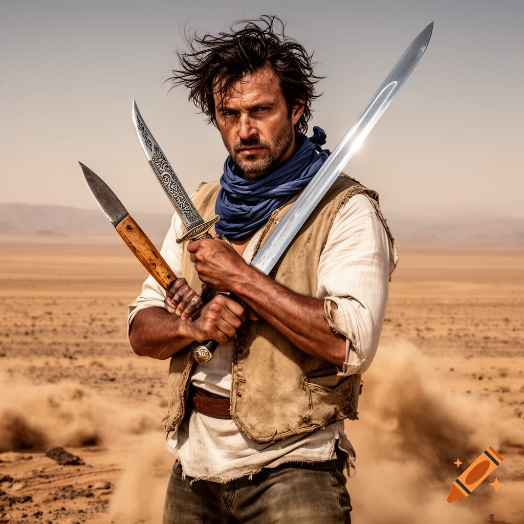A rugged man with messy hair and beard holds a sword, dagger, and knife in a dusty desert, looking intensely at the viewer.