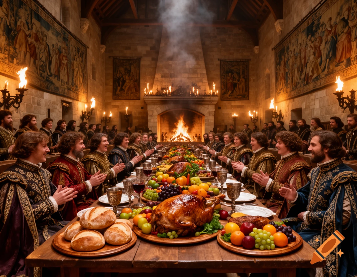 Photorealistic image of a grand medieval feast in a stone hall, with men in period attire clapping around a table laden with food.
