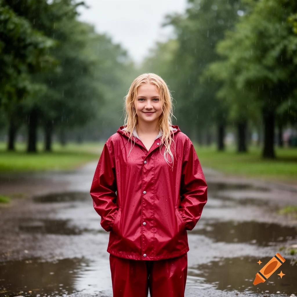 A young blonde woman in a red raincoat and pants smiles while standing in the rain on a wet path in a park.