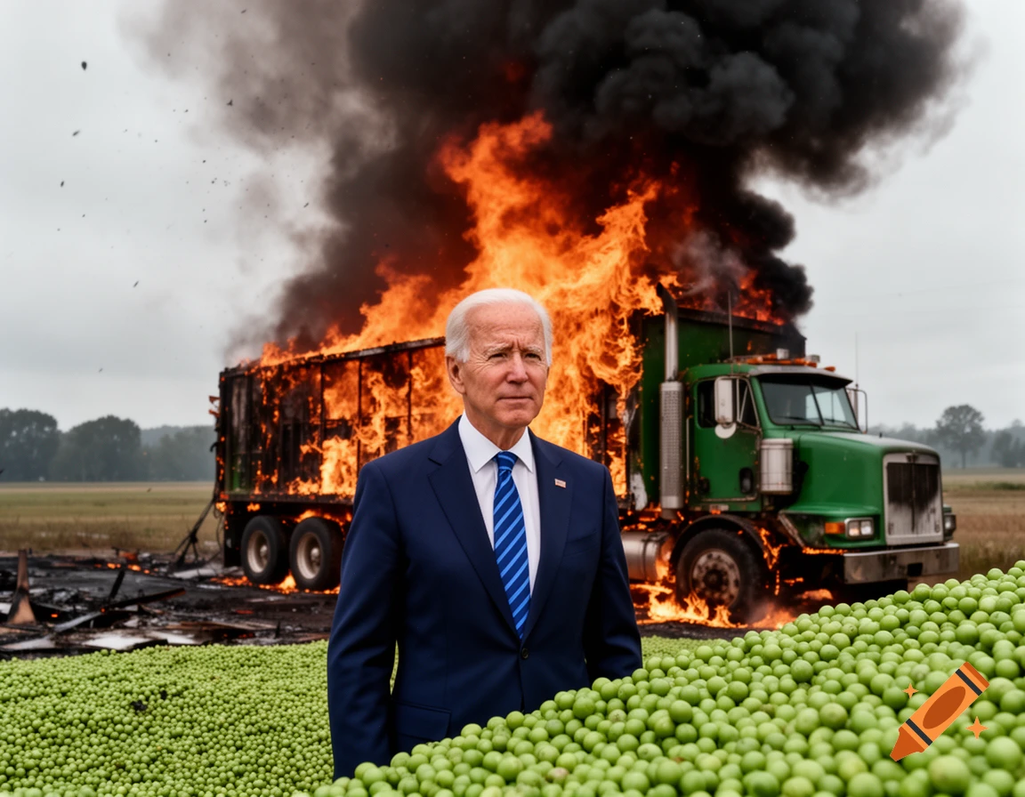 Joe Biden stands stoically in a suit in a field, with a large semi-truck intensely burning behind him, and a massive pile of green peas in the foreground.