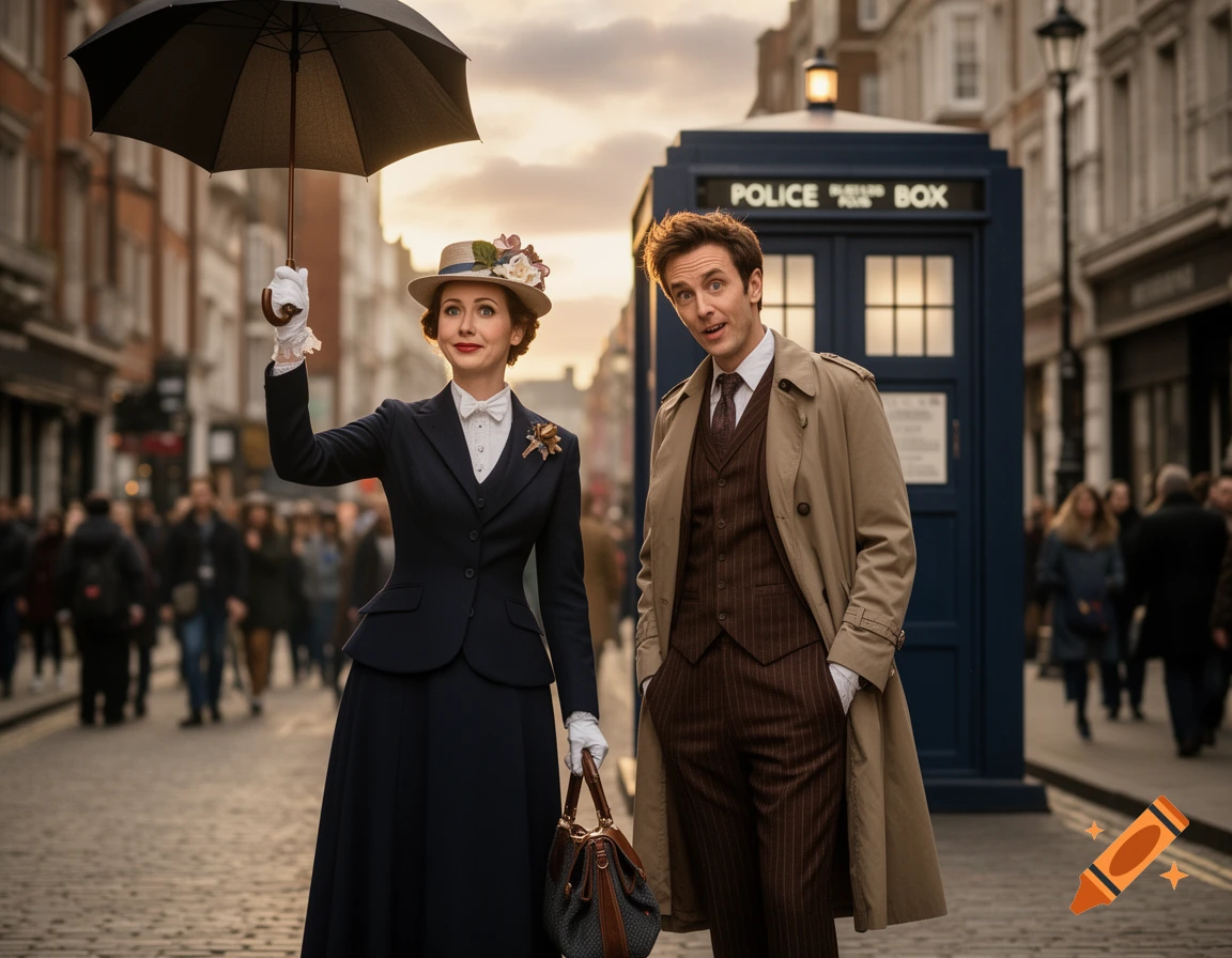 Mary Poppins holds an umbrella and a bag, standing next to the Tenth Doctor in a trench coat, with a blue TARDIS behind them on a city street.