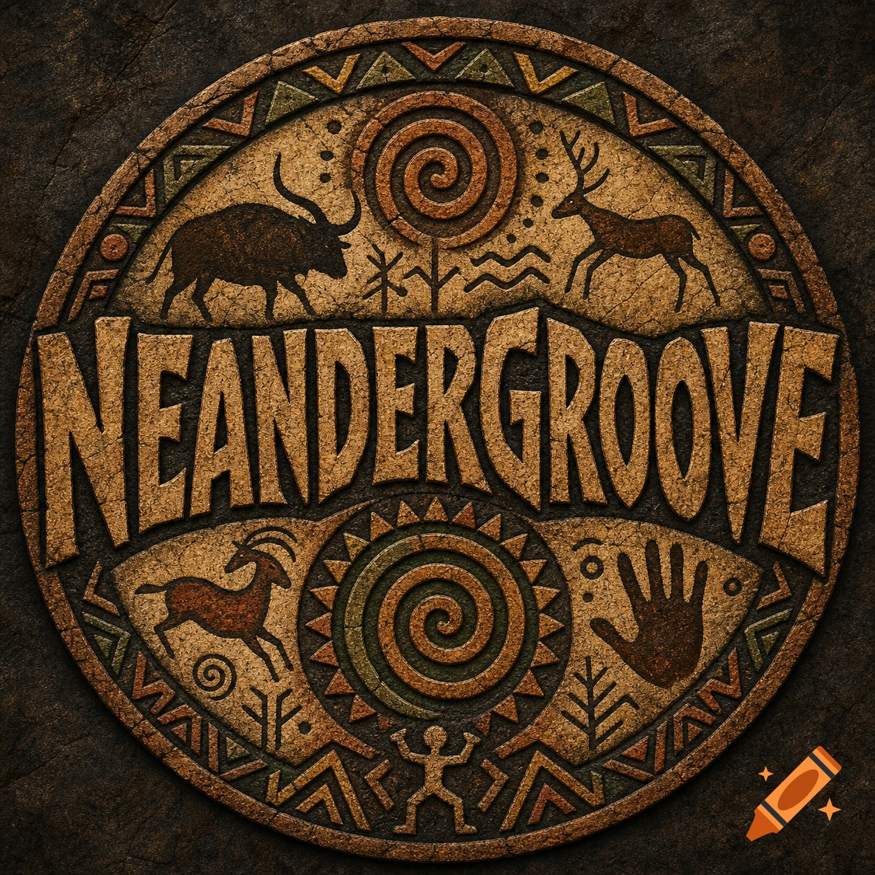 Round tribal-style logo for 'NEANDERGROOVE' with prehistoric animal silhouettes, symbols, and a textured, earthy look.