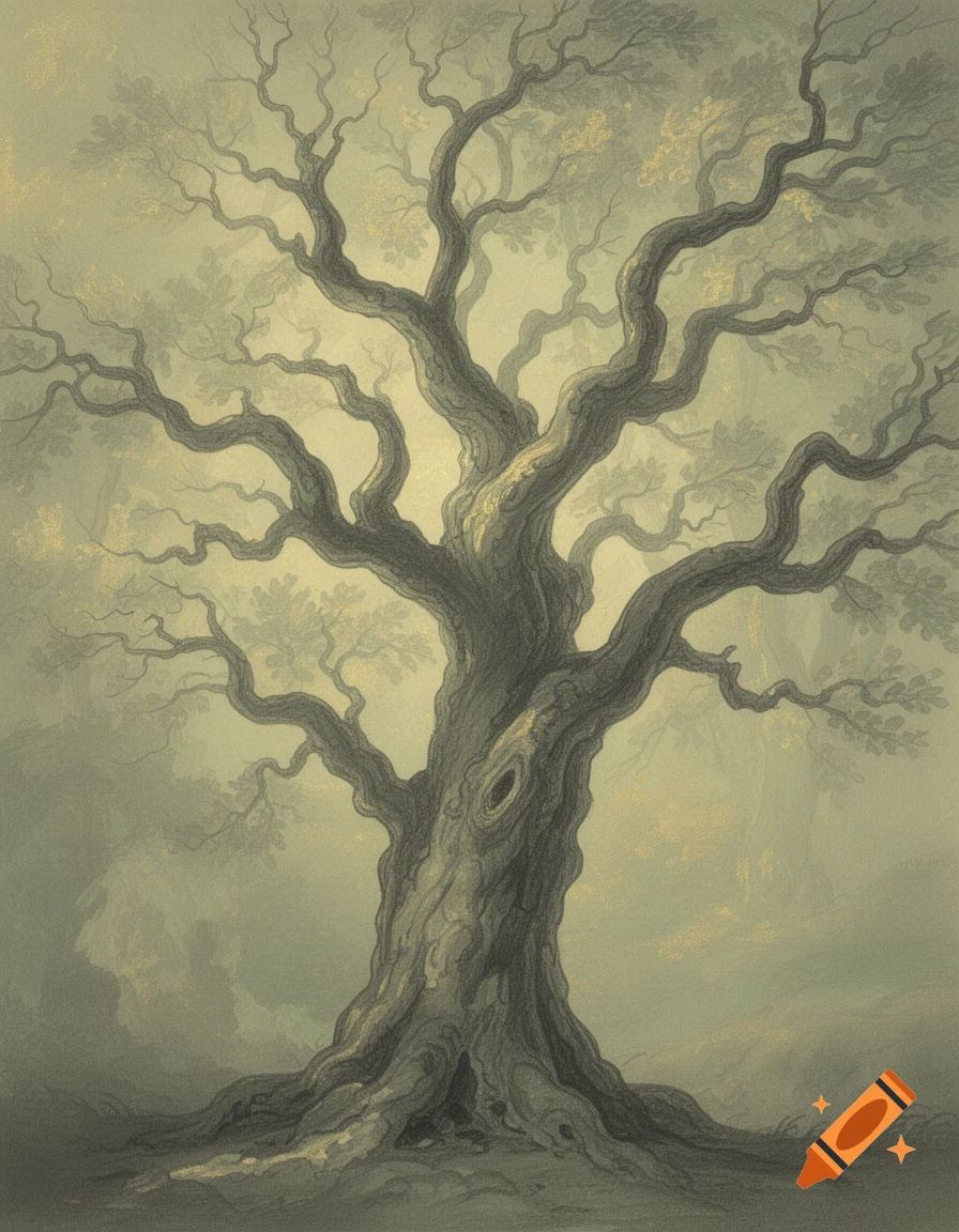 A vintage-style illustration of an ancient, gnarled tree with many branches, rendered in muted green and grey tones.