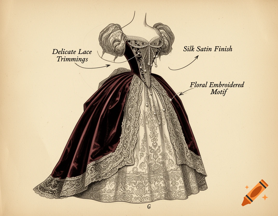 A diagram illustration of a maroon and white Victorian ball gown with lace trimmings and embroidered motifs labeled with text.