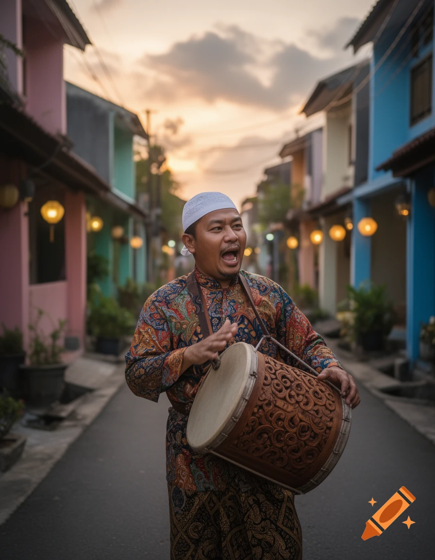 A man in traditional patterned clothing and a white cap plays an ornate drum while singing in a colorful street at sunset.