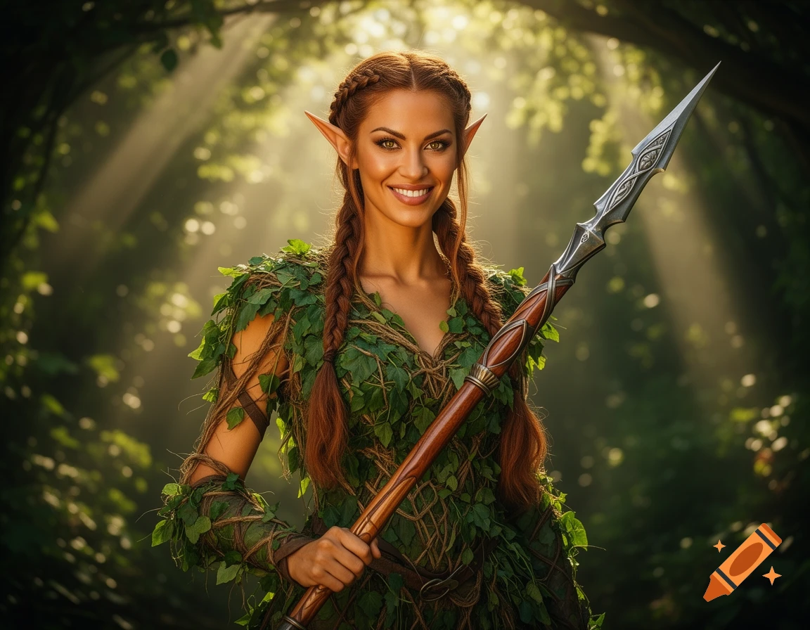 A smiling, tanned elf warrior with braided brown hair and a leaf tunic holds a spear in a sunlit forest.