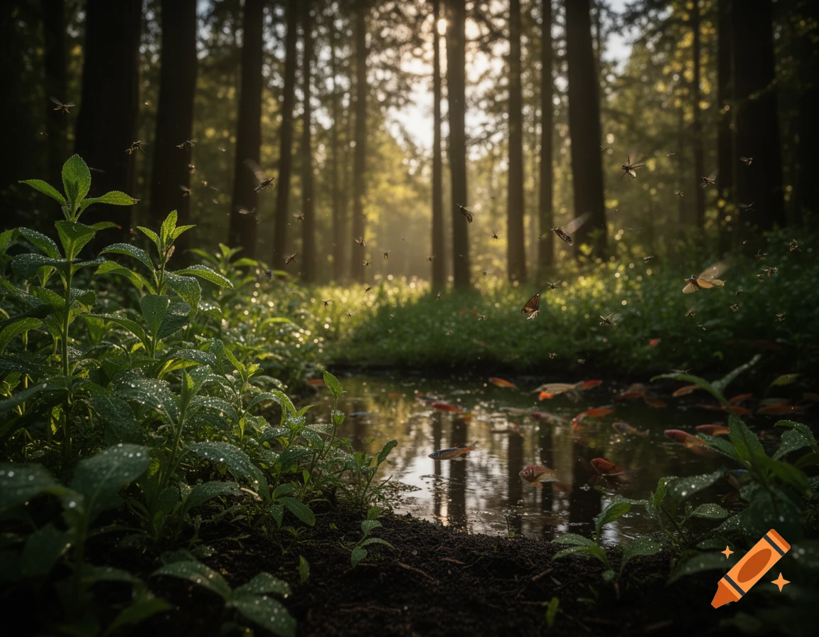 Sunlit forest scene with lush green plants, a pond with fish, and insects flying through sunbeams, photorealistic.