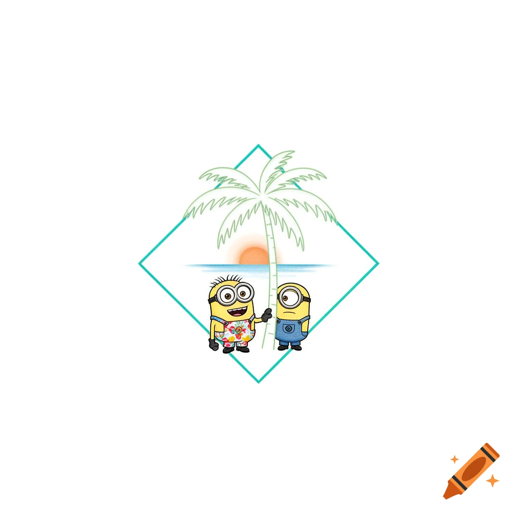 Two yellow Minions at a tropical beach with a palm tree and sunset, inside a turquoise diamond frame, in a minimalist tattoo style.