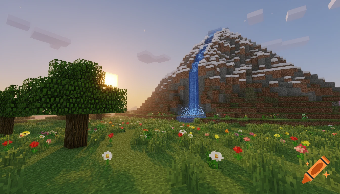 A pixelated Minecraft-style landscape at sunset with a snowy mountain, waterfall, blocky trees, and a field of colorful flowers.