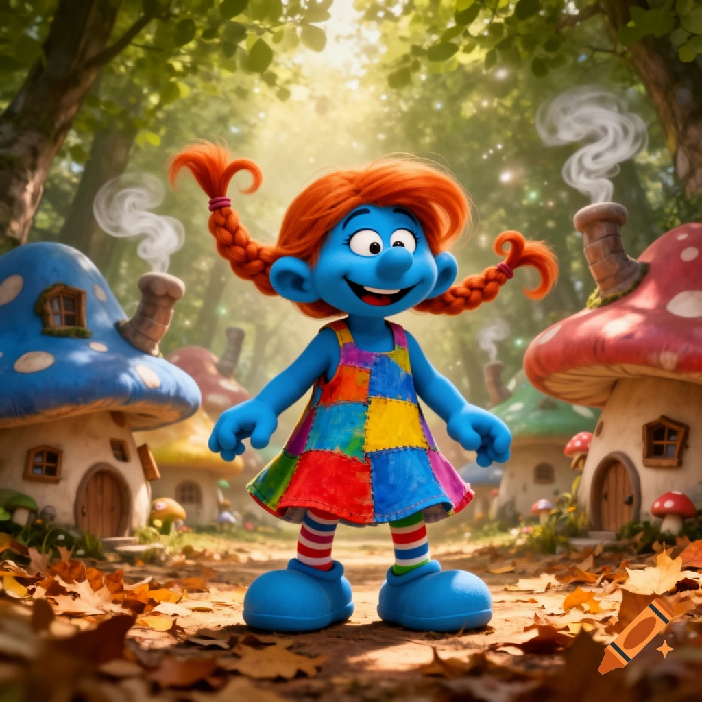 A blue Smurf-like character with red braided hair, a colorful patchwork dress, and striped socks smiles in a magical forest.