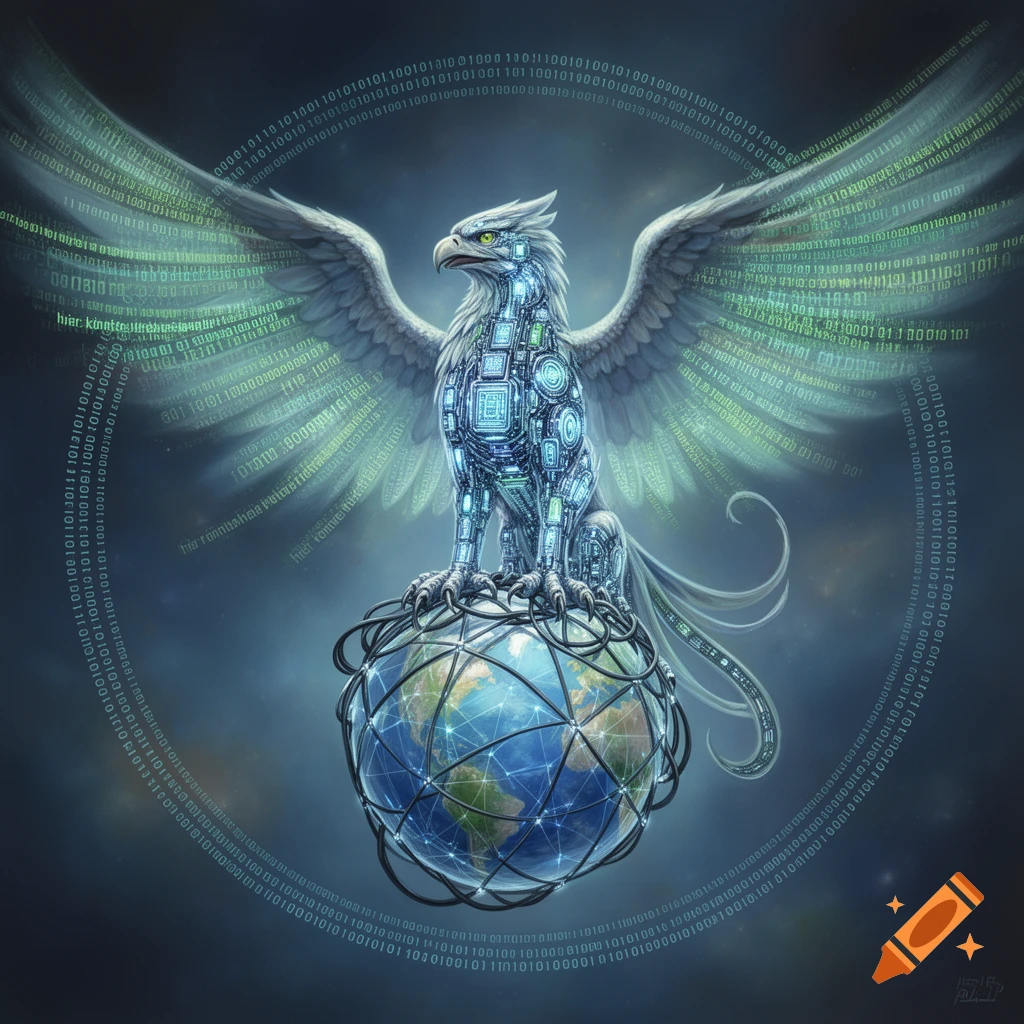 A cybernetic griffin, made of glowing computer components, with wings of binary code, stands on a network-wrapped globe.