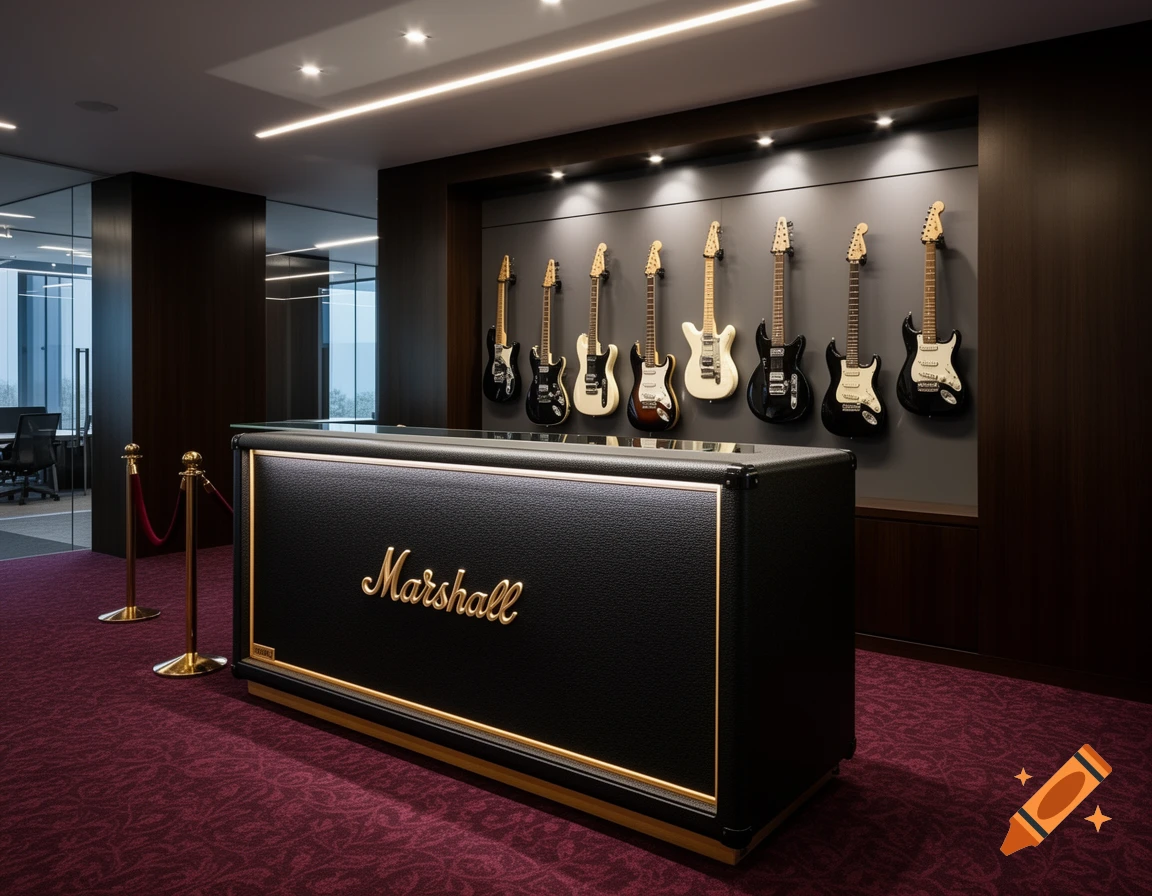A modern office reception desk designed like a black Marshall guitar amplifier, with a display of electric guitars on the wall behind it.
