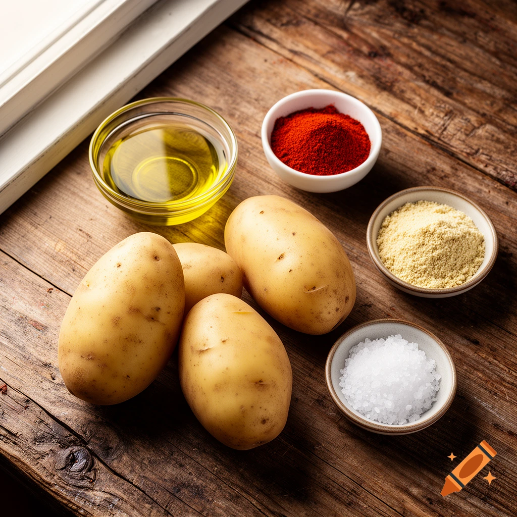 Photorealistic overhead shot of patatas bravas ingredients: potatoes, olive oil, paprika, garlic powder, and sea salt on a rustic wooden table.